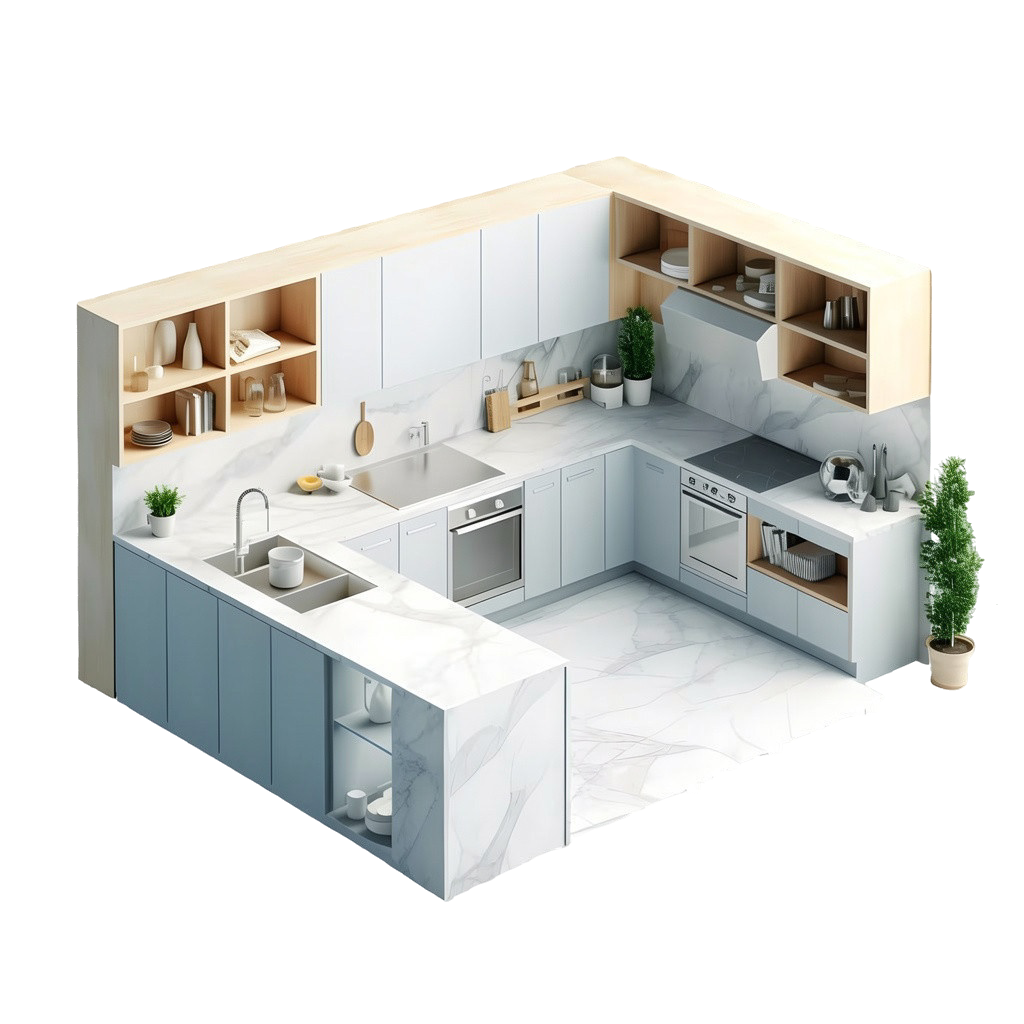 Kitchen 3D Model 3D model of a modern U-shaped custom kitchen with marble countertops, blue cabinets and built-in appliances.