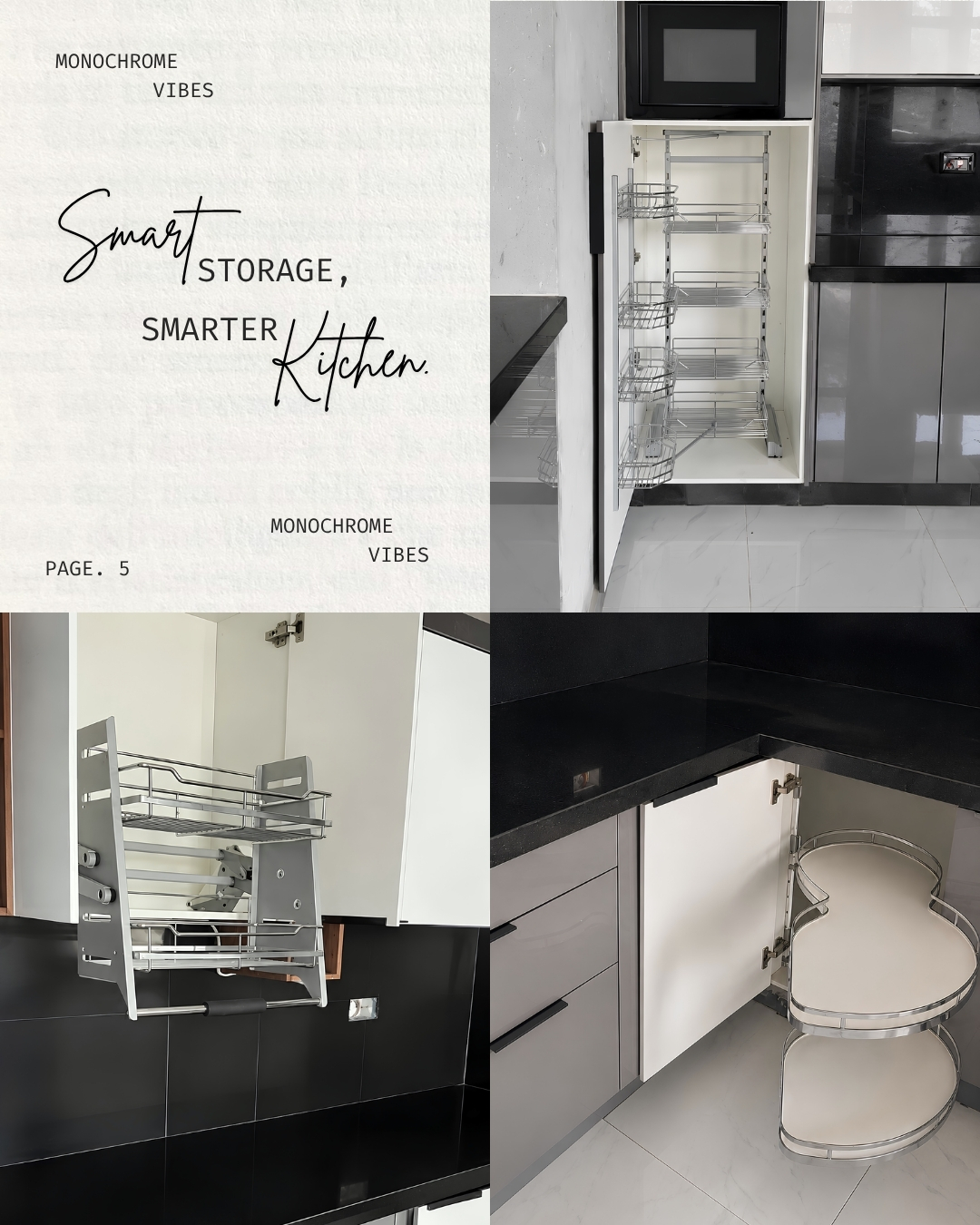 3 Kitchen storage collage showing a tall pantry with wire baskets, a pull-down wall cabinet rack and swing-out corner trays, captioned “Smart storage, smarter kitchen.”