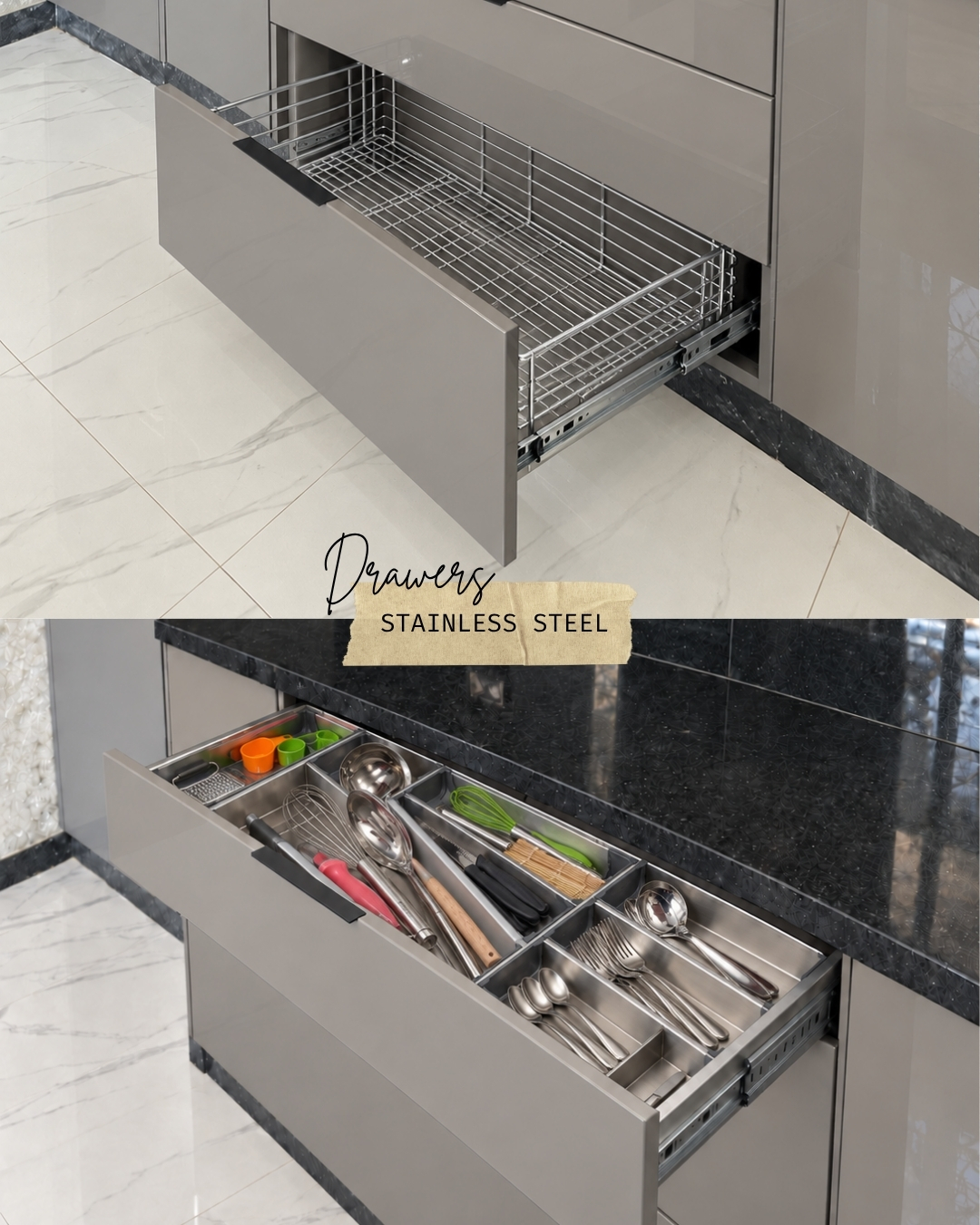 4 Grey kitchen drawers featuring a stainless steel wire basket and a divided cutlery organizer filled with utensils beneath a black countertop.