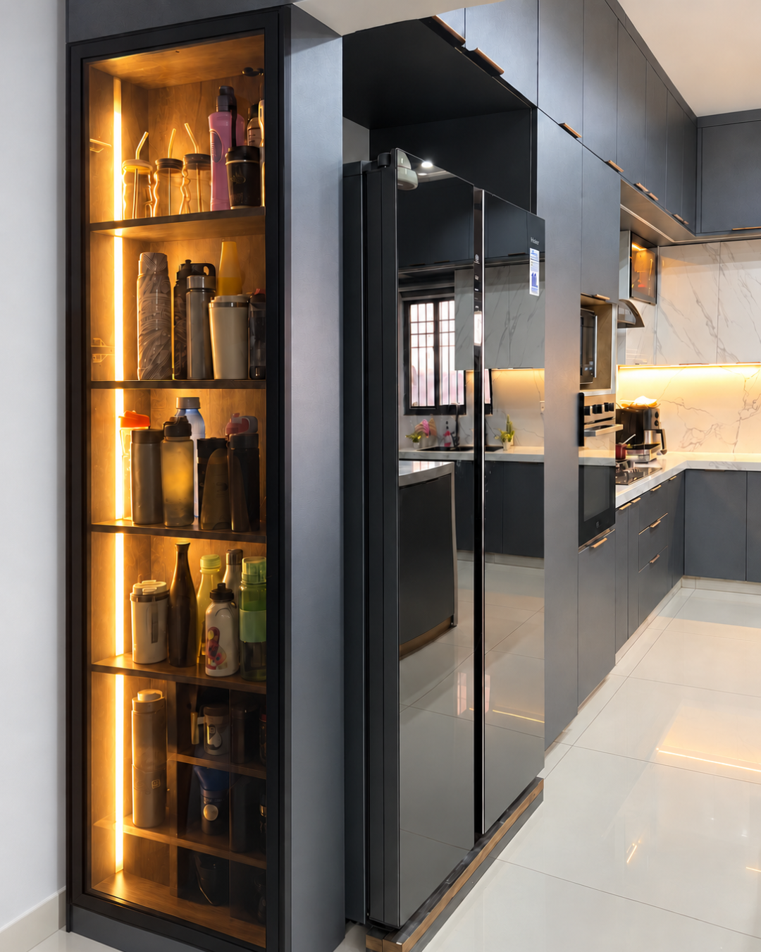 Tall glass display cabinet with warm lighting and bottle storage beside a black refrigerator and charcoal cabinetry.