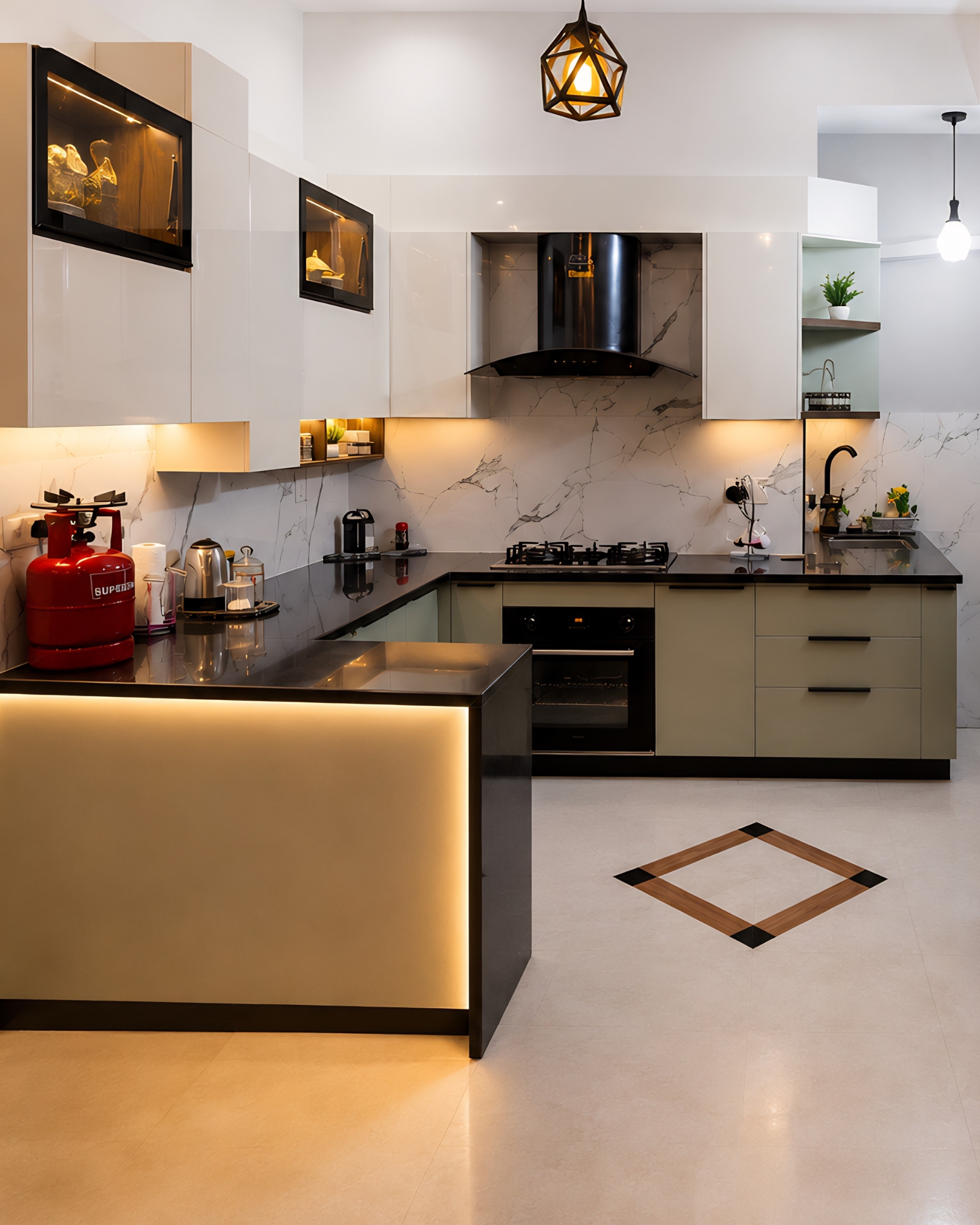 Monochrome kitchen with white upper cabinets, grey base cabinets, black countertops, a marble effect backsplash and warm lighting around the peninsula and glass display cabinets.